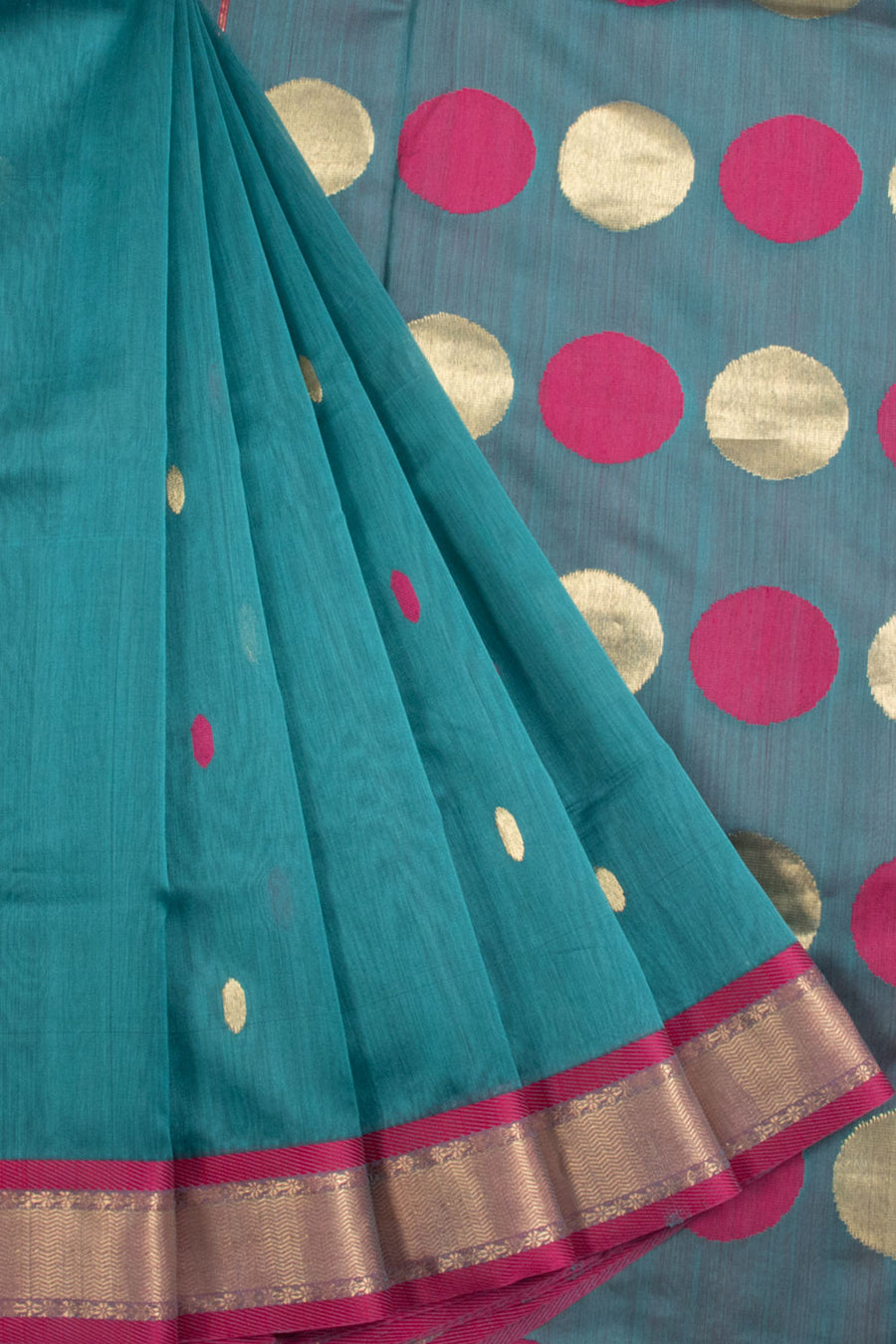 Teal Green Maheshwari Silk Cotton Saree with Floral motifs, Zari Border and Zari Stripes Pallu