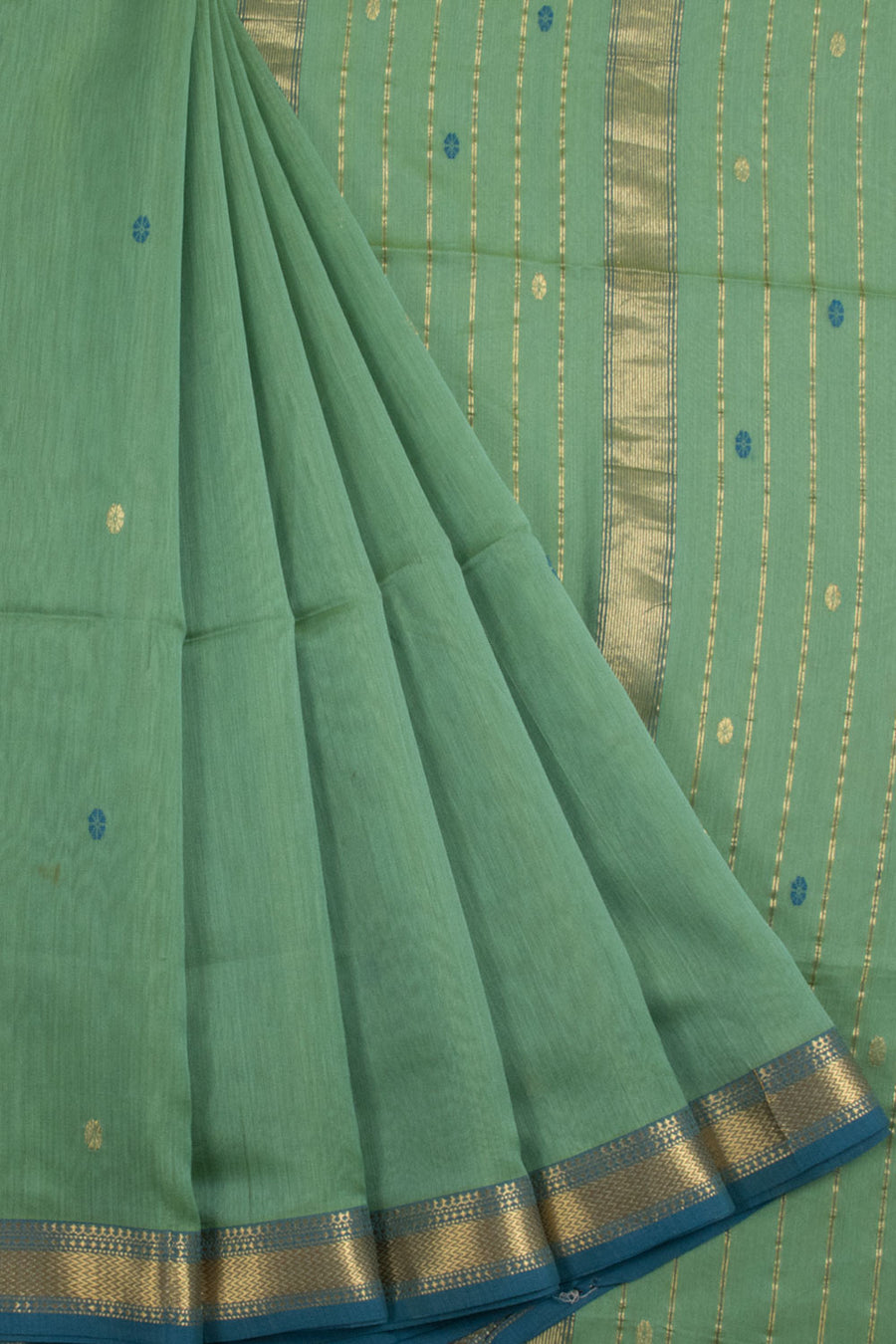 Spring green Handloom Maheshwari Silk Cotton Saree with Floral Motifs, Bugdi Border and Zari Stripes Pallu