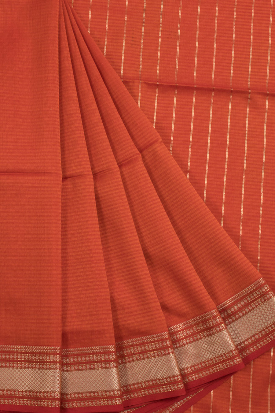 Orange Maheshwari Silk Cotton Saree with Danda Border and Zari Stripes Pallu