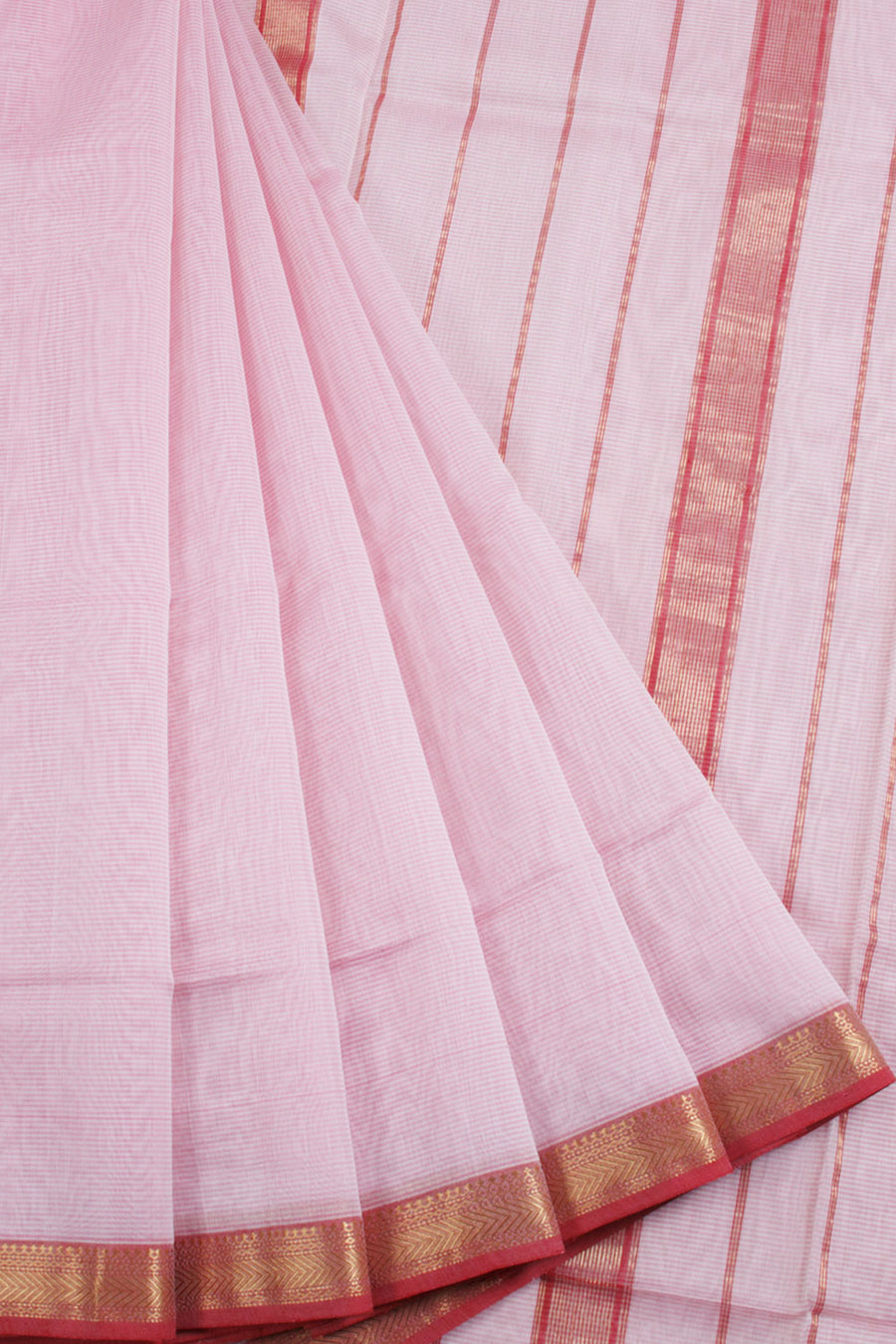 Pastel pink Maheshwari Silk Cotton Saree with Zigzag Zari Border