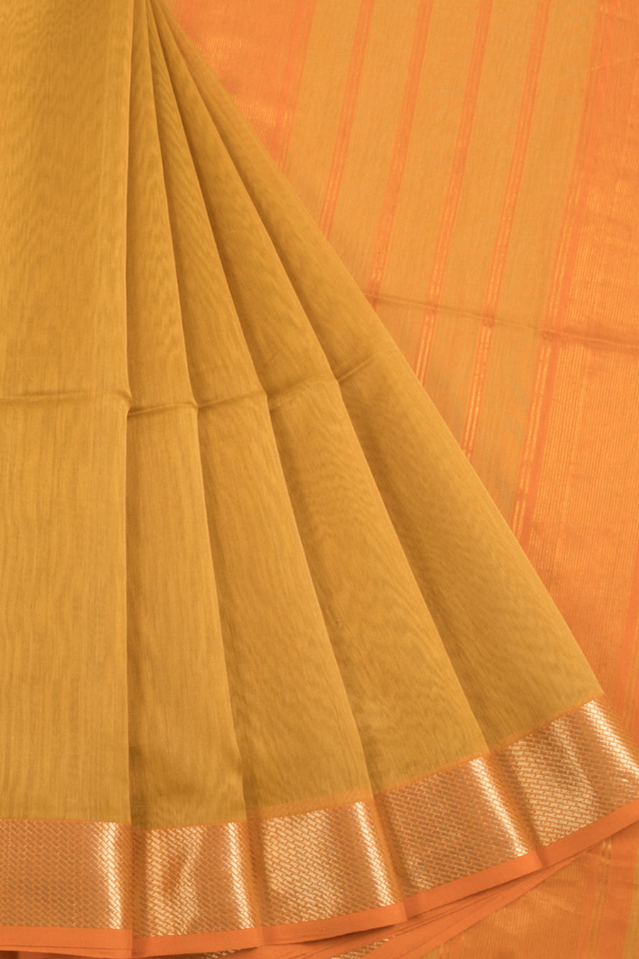 Mustard Yello Maheshwari Silk Cotton Saree with Danda Border and Zari Stripes Pallu