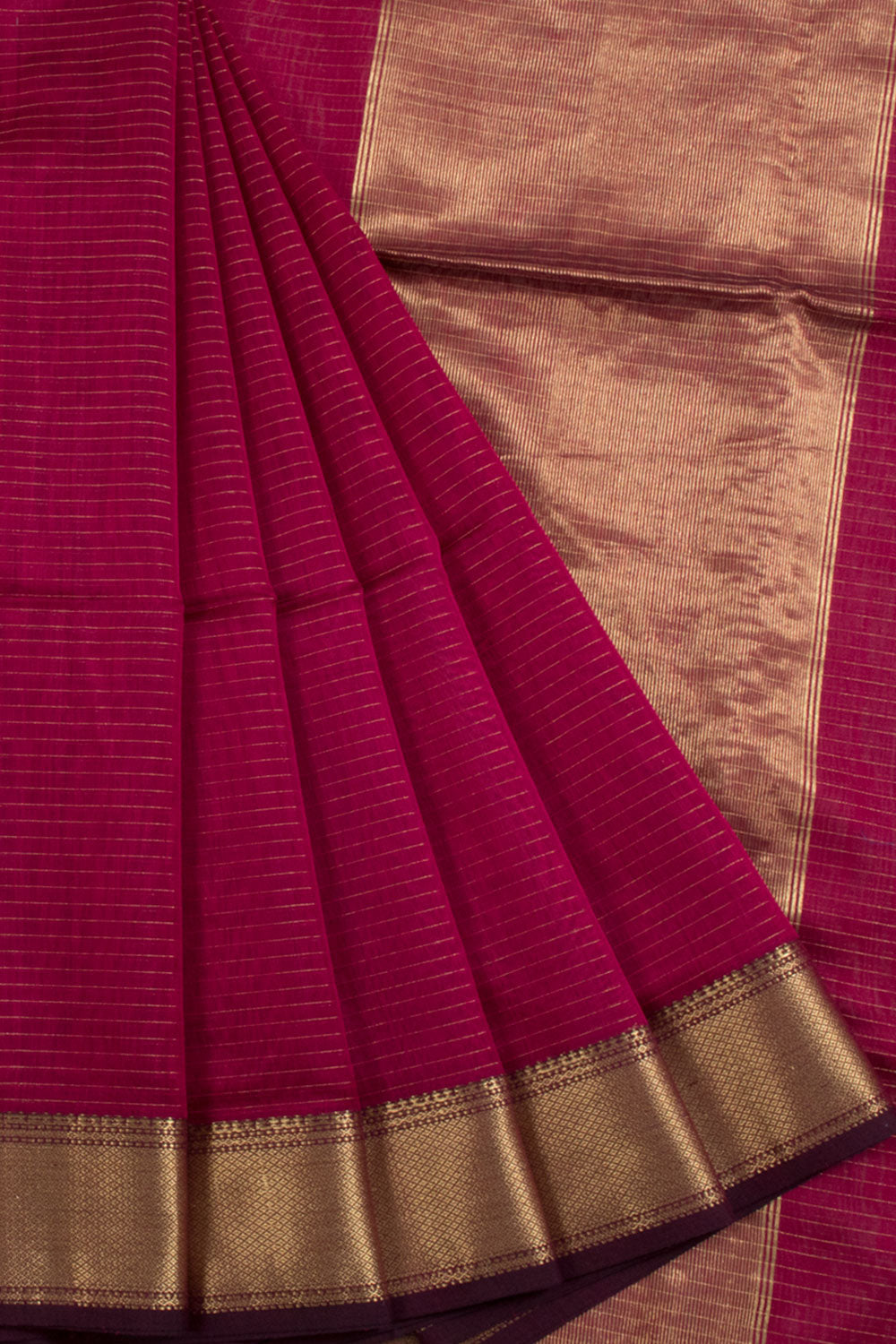 Magenta Maheshwari Silk Cotton Saree with Stripes Design, Zari Border and Zari Stripes Pallu 