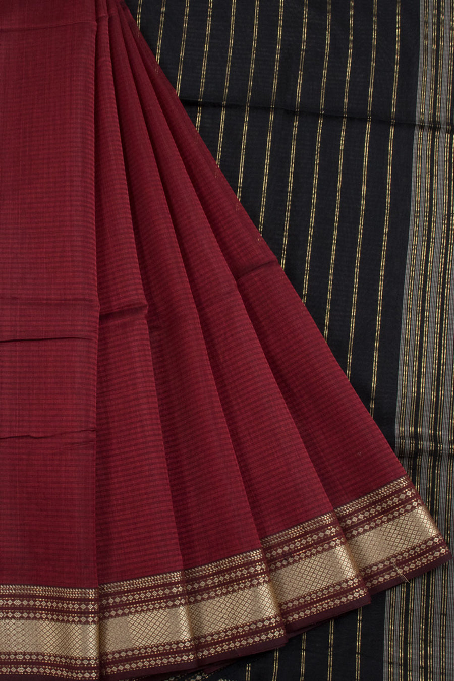 Maroon Maheshwari Silk Cotton Saree with Stripes Design, Chatai Border and Zari Stripes Pallu