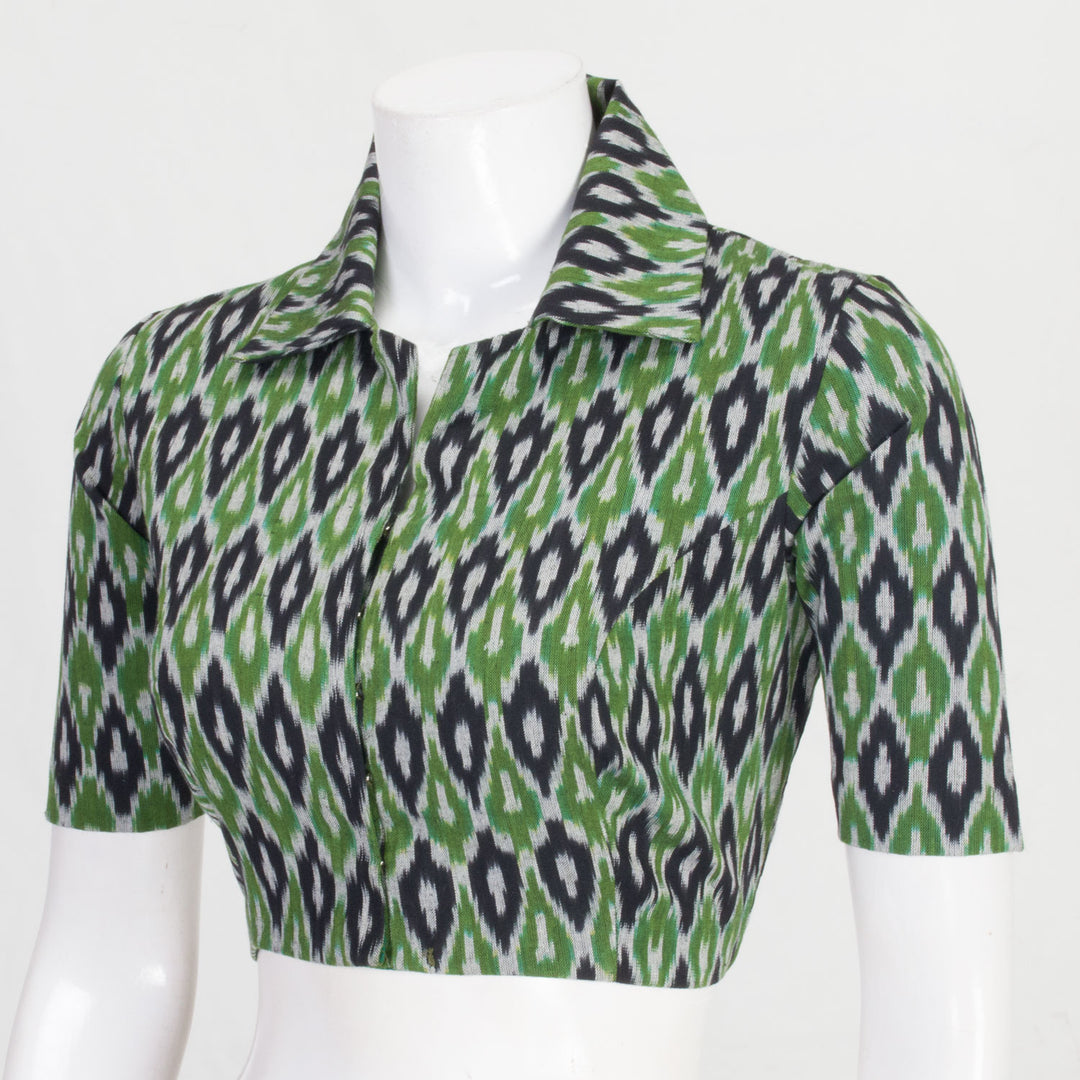 Green Handcrafted Ikat Cotton Blouse 10061173