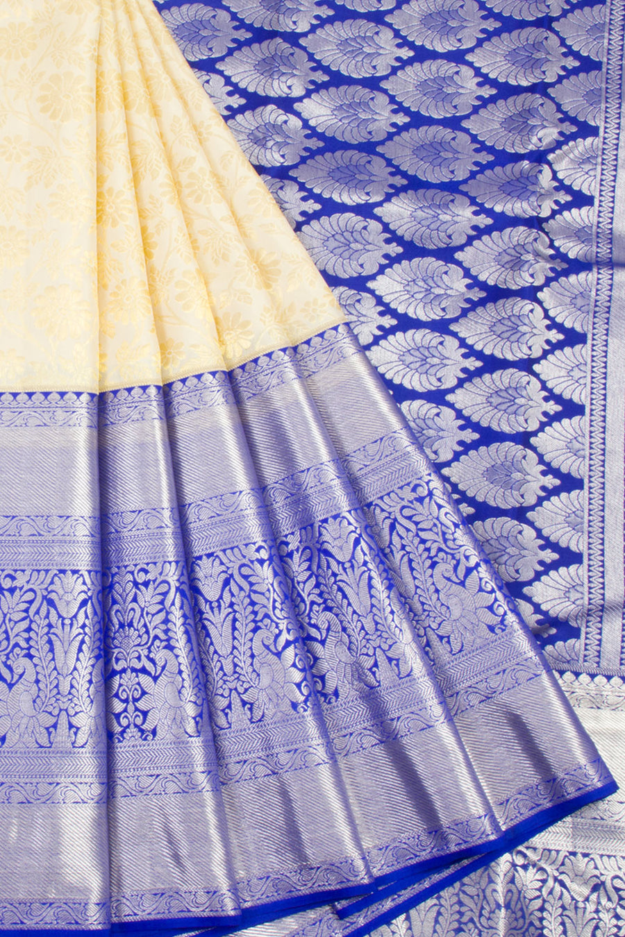 Handloom Pure Silk Tissue Zari Dharmavaram Saree with Floral Design and Peacock Design Border