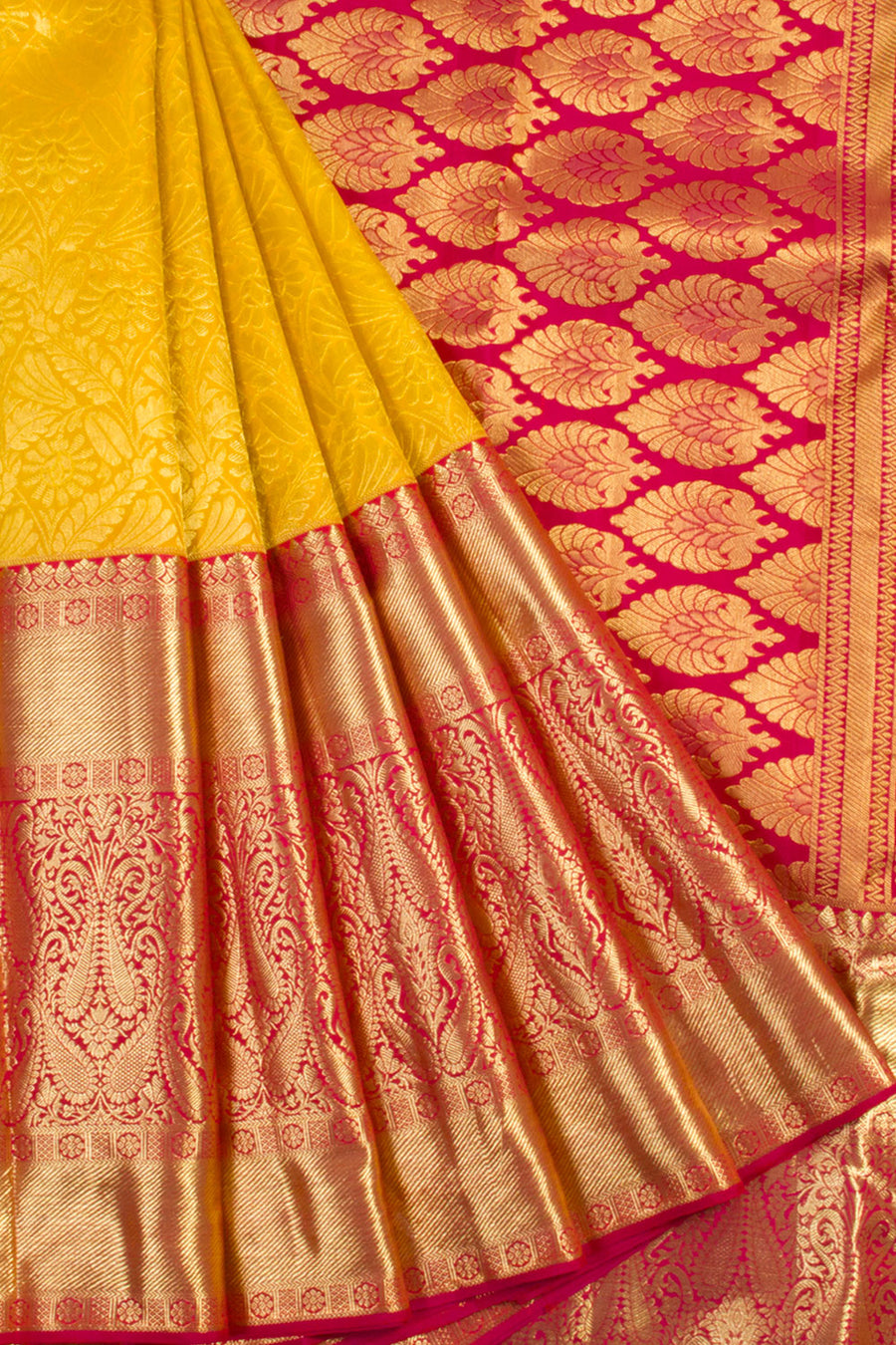 Handloom Pure Silk Tissue Zari Dharmavaram Saree with Leaf Design and Peacock Border