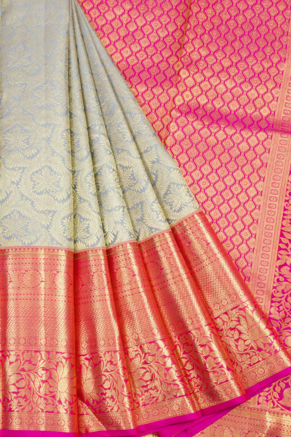 Handloom Pure Silk Tissue Zari Dharmavaram Saree With Leaf Design Floral Border