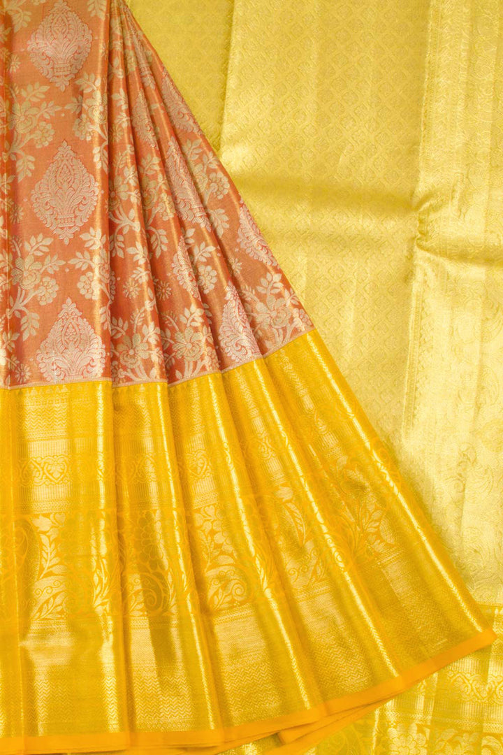 Handloom Pure Silk Tissue Zari Dharmavaram Saree With Floral Design, Floral Motifs and Kodimalar Border
