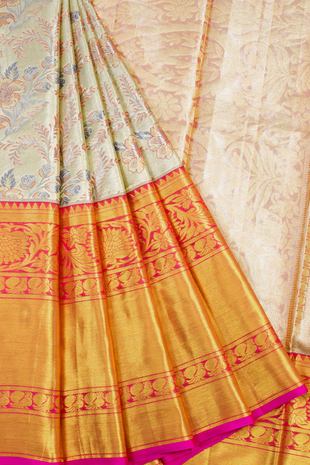 Handloom Pure Silk Tissue Zari Dharmavaram Saree With Floral Design and Peacock Floral Border