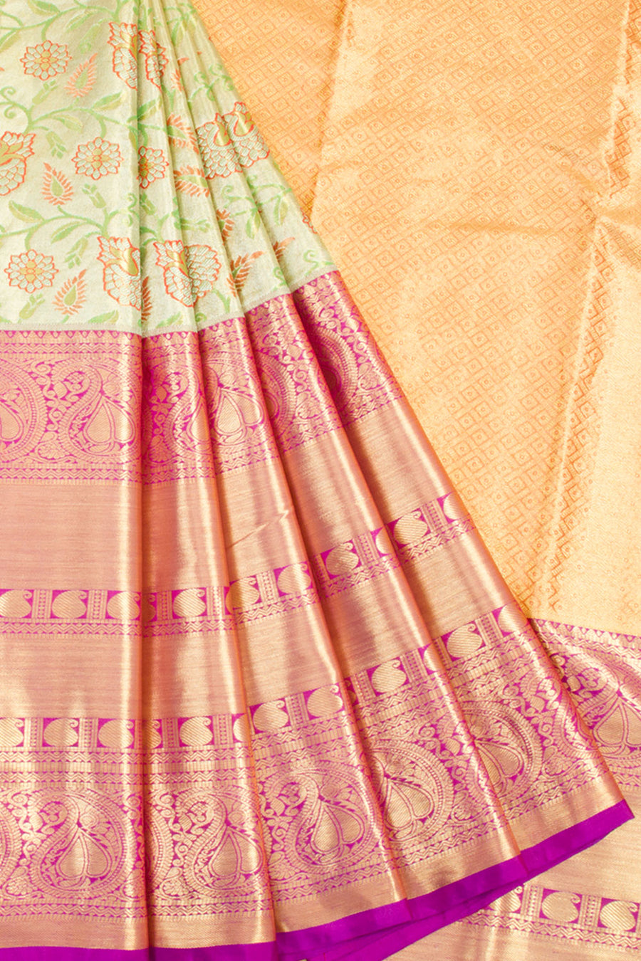 Handloom Pure Silk Tissue Zari Dharmavaram Saree with Floral Design and Paisley Border