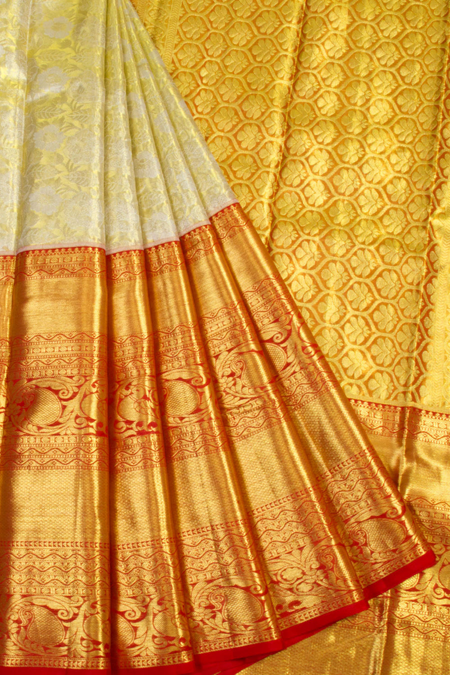 Handloom Pure Silk Tissue Zari Dharmavaram Saree With Floral Design Peacock Border