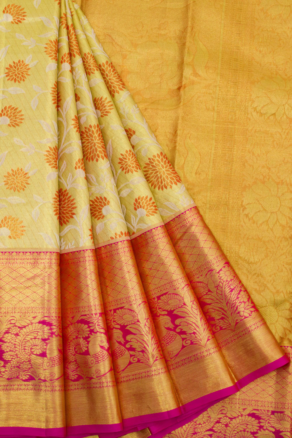 Handloom Pure Silk Tissue Zari Dharmavaram Saree with Floral Design, Peacock Border