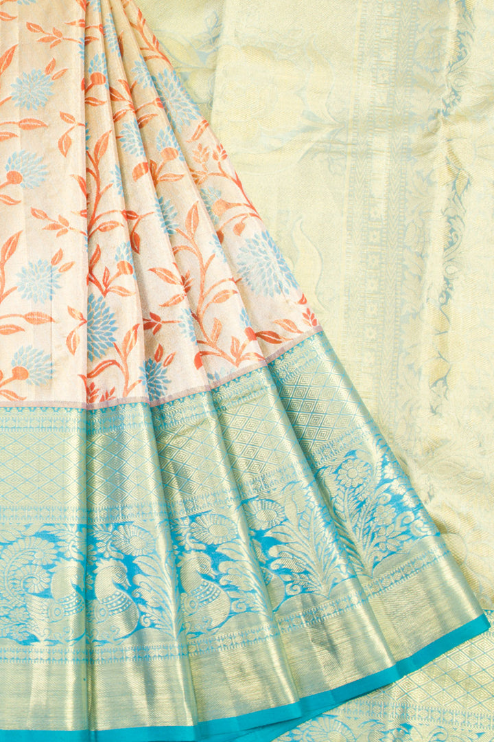 Handloom Pure Silk Tissue Zari Dharmavaram Saree With Floral Design Peacock Border