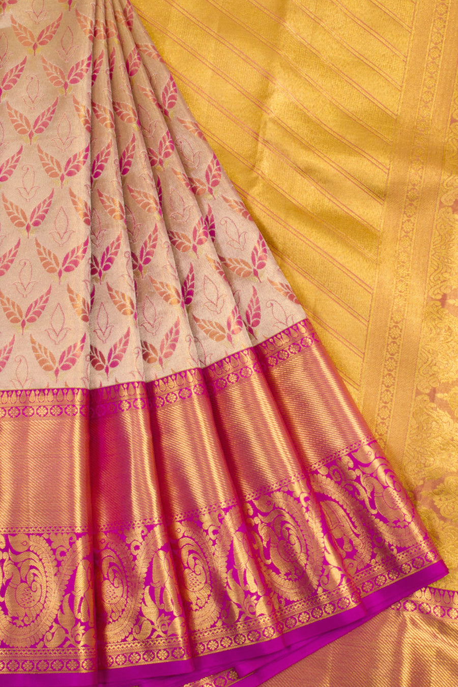 Handloom Pure Silk Tissue Zari Dharmavaram Saree with Floral Design, Peacock Borde