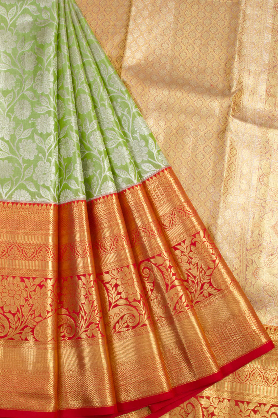 Handloom Pure Silk Tissue Zari Dharmavaram Saree With Floral Design and Paisley Floral Border