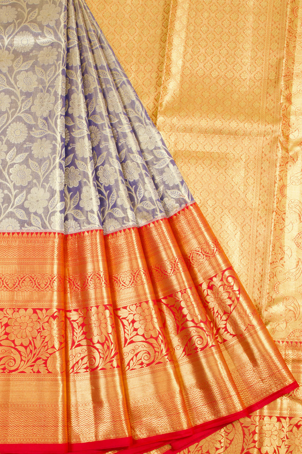 Handloom Pure Silk Tissue Zari Dharmavaram Saree With Leaf Floral Design and Paisley Floral Border
