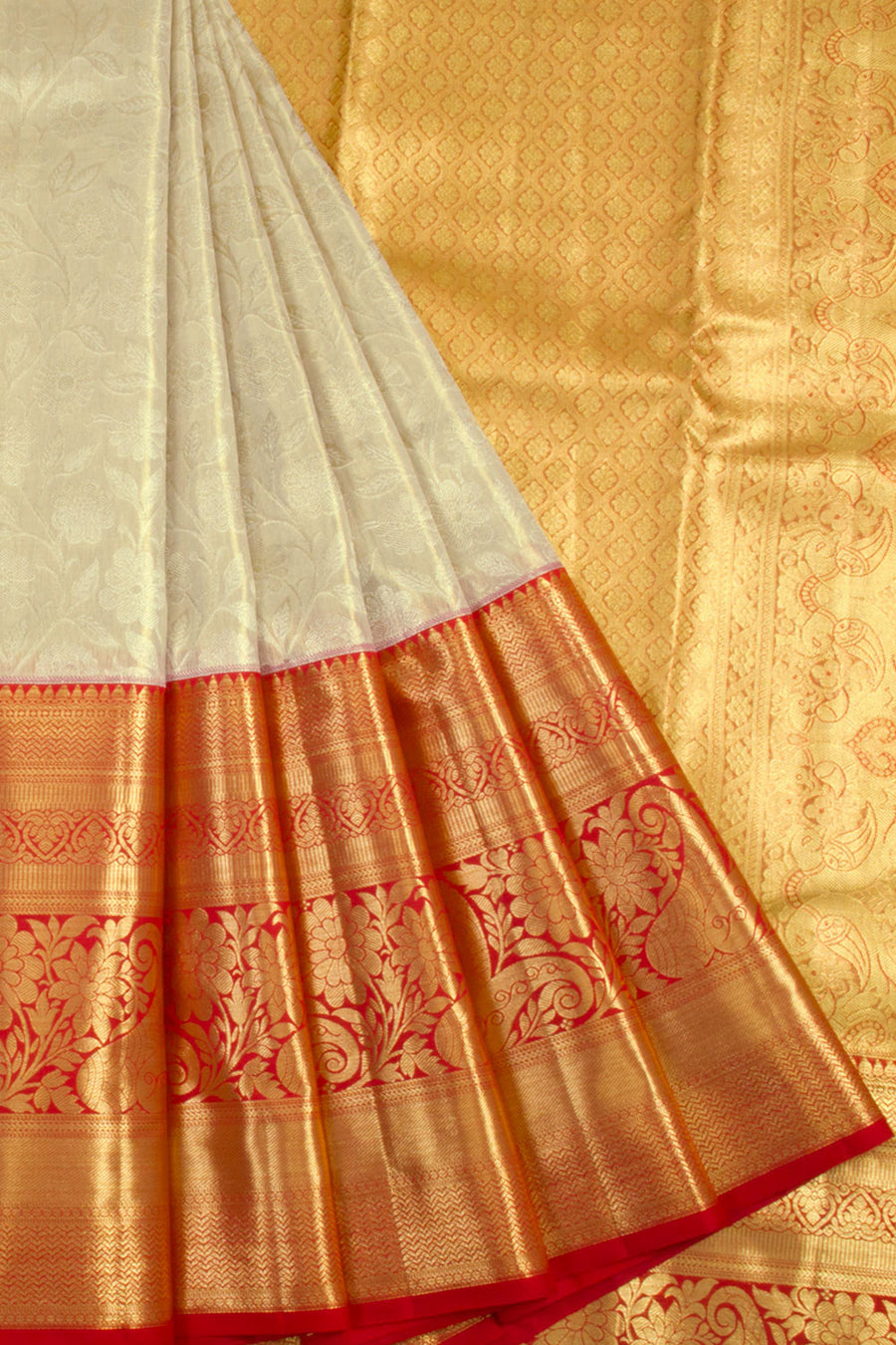 Handloom Pure Silk Tissue Zari Dharmavaram Saree with Floral Design, Kodimalar Design and Paisley Border