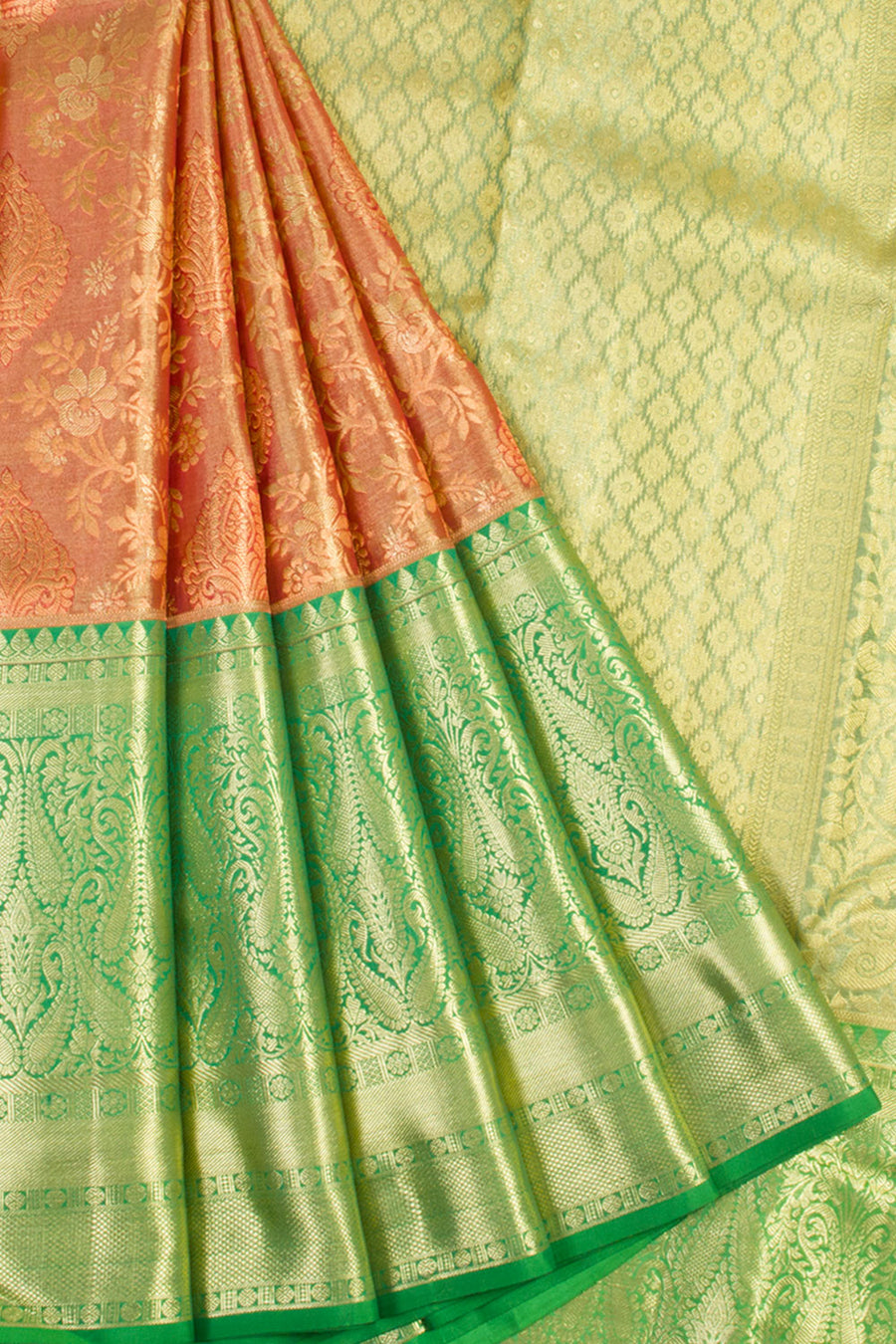 Handloom Pure Silk Tissue Zari Dharmavaram Saree With Floral Motif and Paisley Floral Design Border