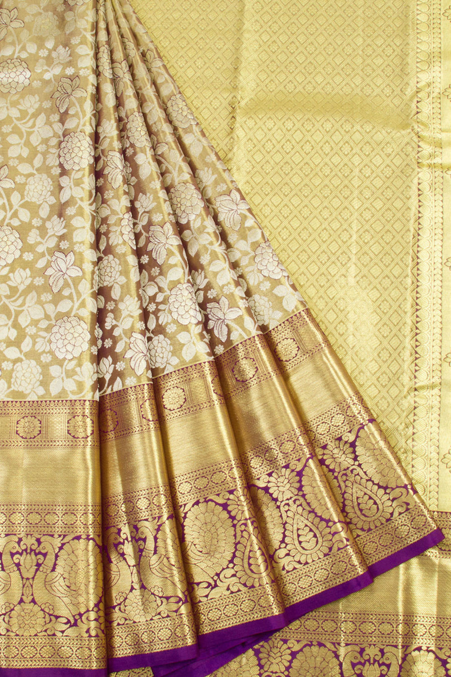 Handloom Pure Silk Tissue Zari Dharmavaram Saree With Floral Design and Peacock Design Border