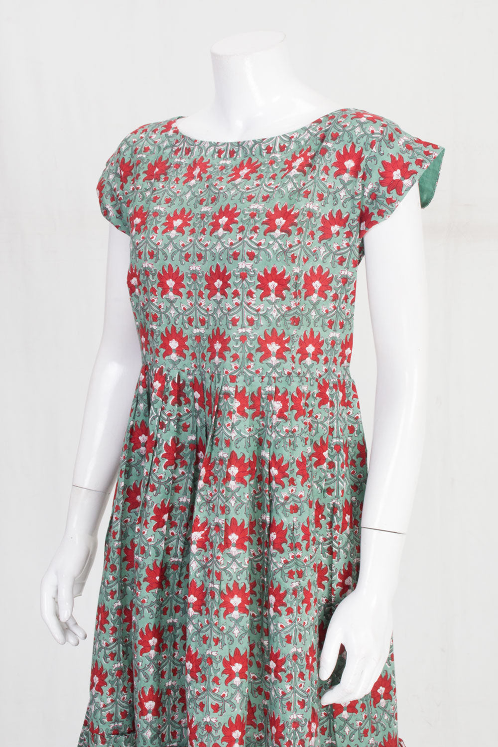 Green Hand Block Printed Cotton Dress 10061601
