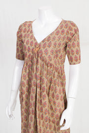 Beige Hand Block Printed Cotton Dress 10061603