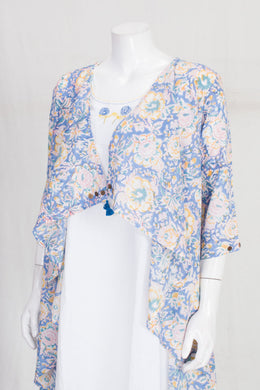 Blue & White Hand Block Printed Cotton A line Dress 10061651