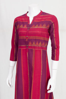 Red & Purple Hand Embroidered Cotton Kurta 10061688