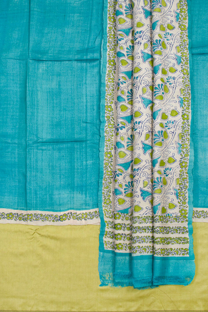 Blue Hand Block Printed Tussar Silk 3-Piece Salwar Suit Material 10061840