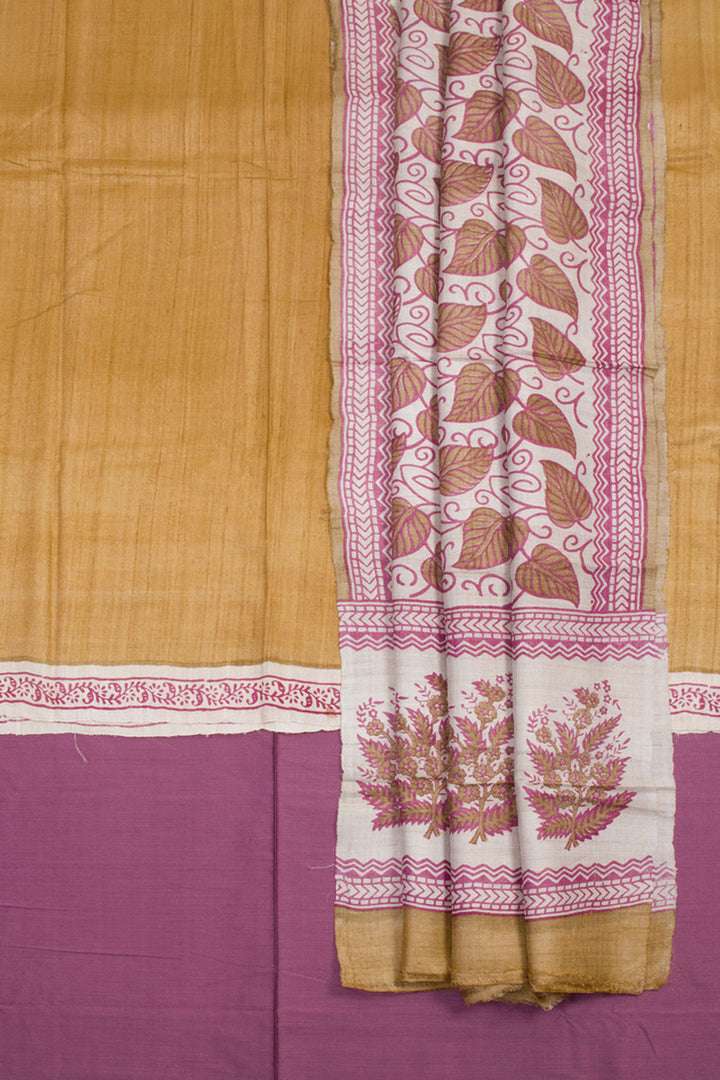 Brown Hand Block Printed Tussar Silk 3-Piece Salwar Suit Material 10061842
