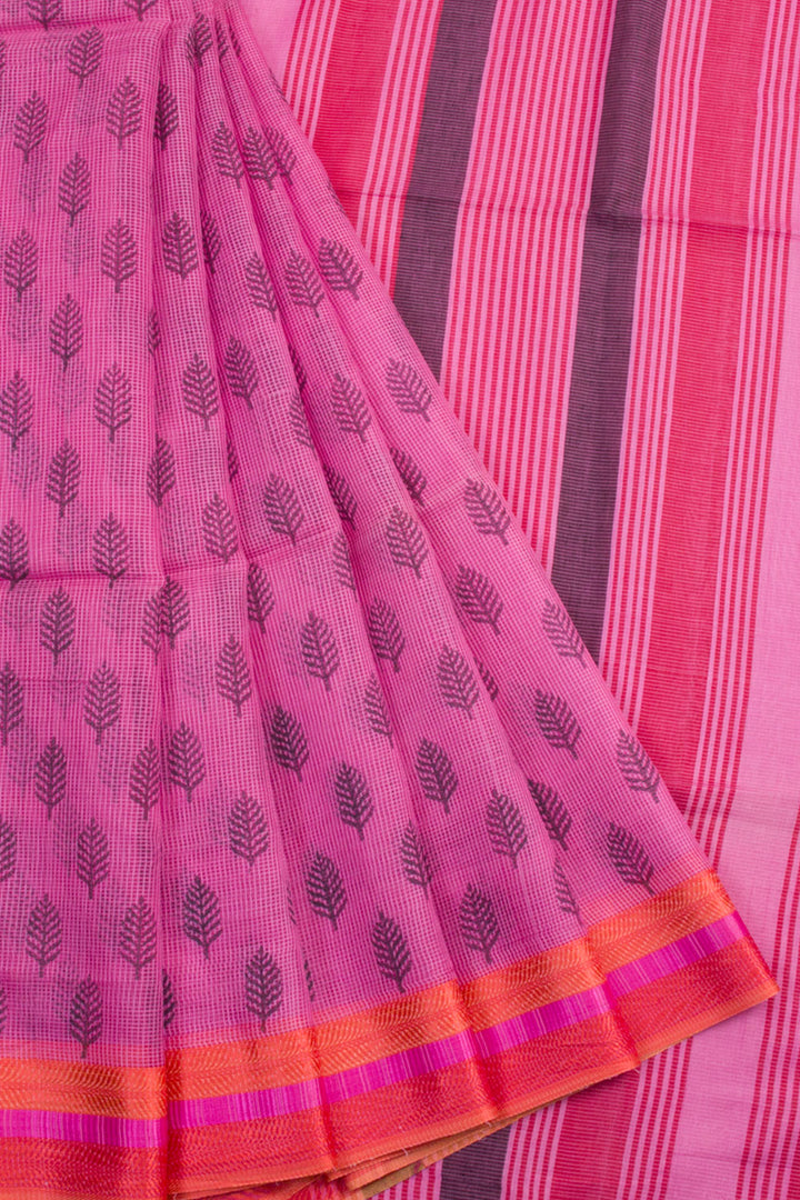 Pink Hand Block Printed Kota Cotton Saree 10061857