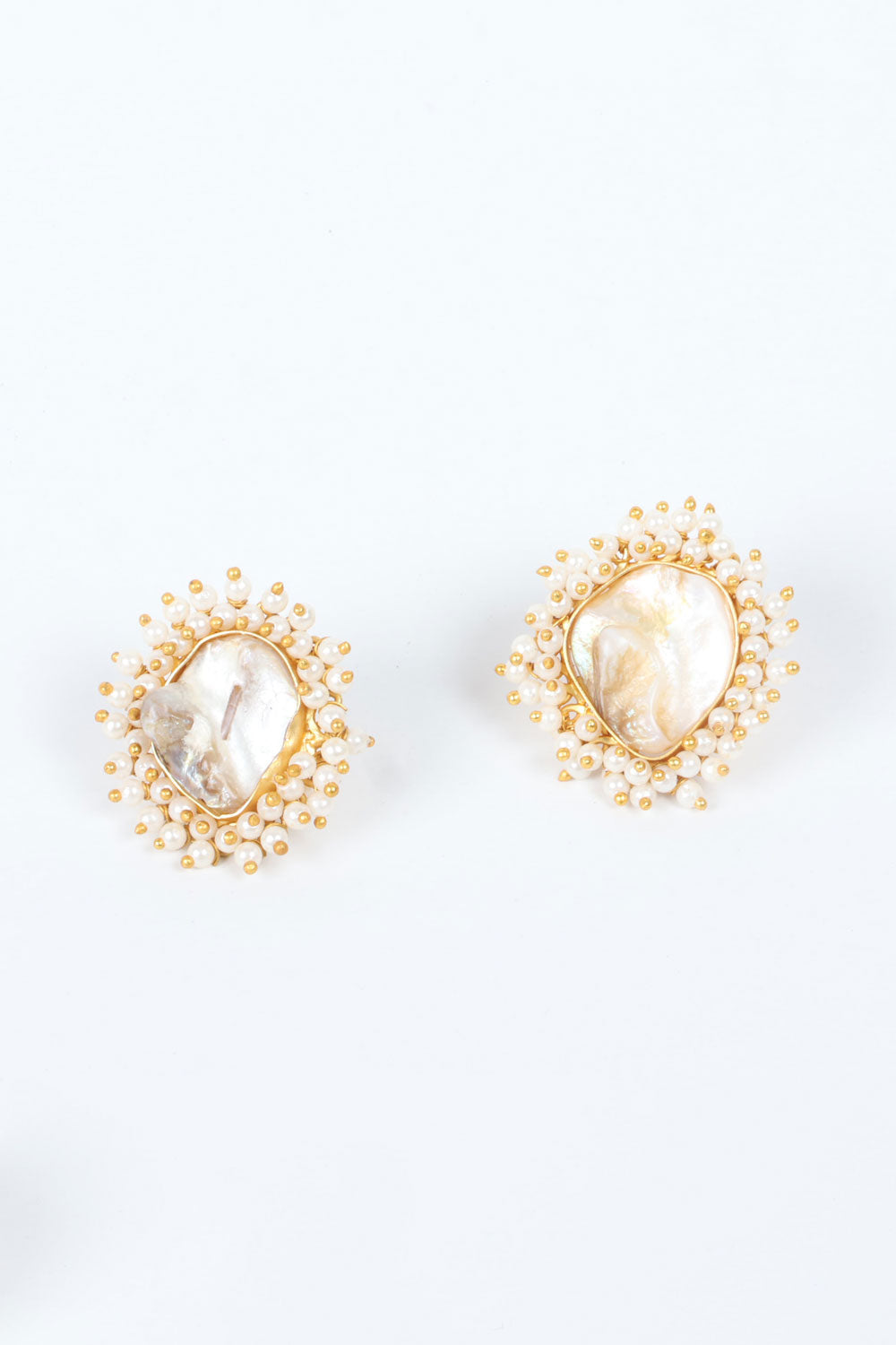 Handcrafted Gold Tone Stone Studded Pearl Brass Earrings 10061353