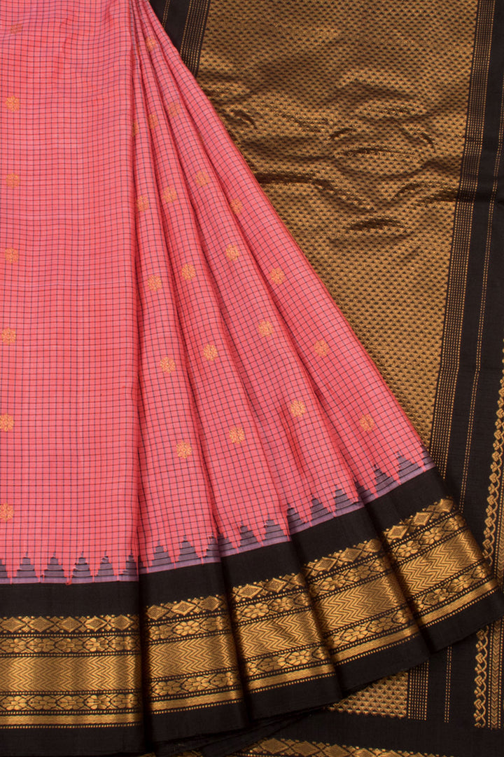 Handloom Gadwal Kuttu Silk Saree with Checks Design, Floral Motifs and Temple, Zari Border 