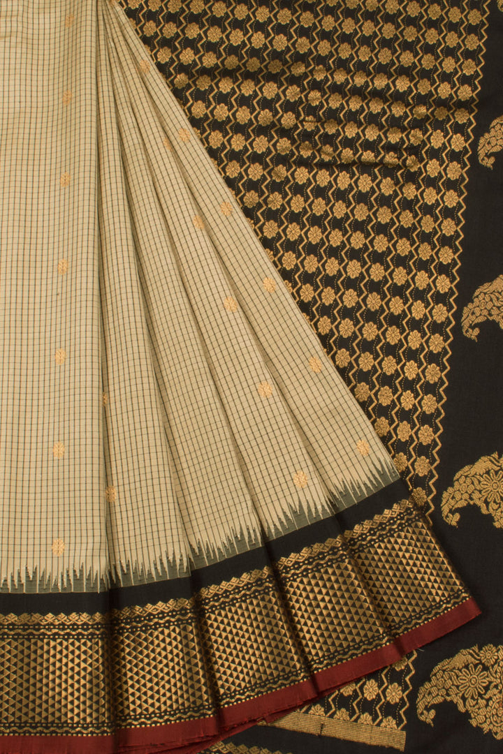 Handloom Gadwal Kuttu Silk Saree with Checks Design, Floral Motifs and Temple, Diamond Border