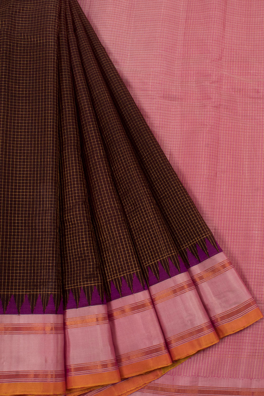 Handloom Gadwal Kuttu Silk Cotton Saree with Zari Checks Design and Temple Border