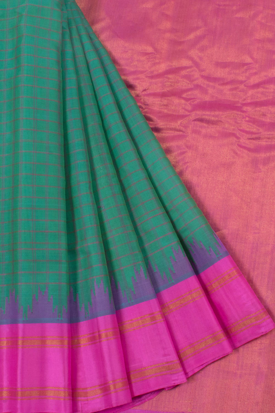 Handloom Gadwal Kuttu Silk Cotton Saree with Checks Design and Temple Border