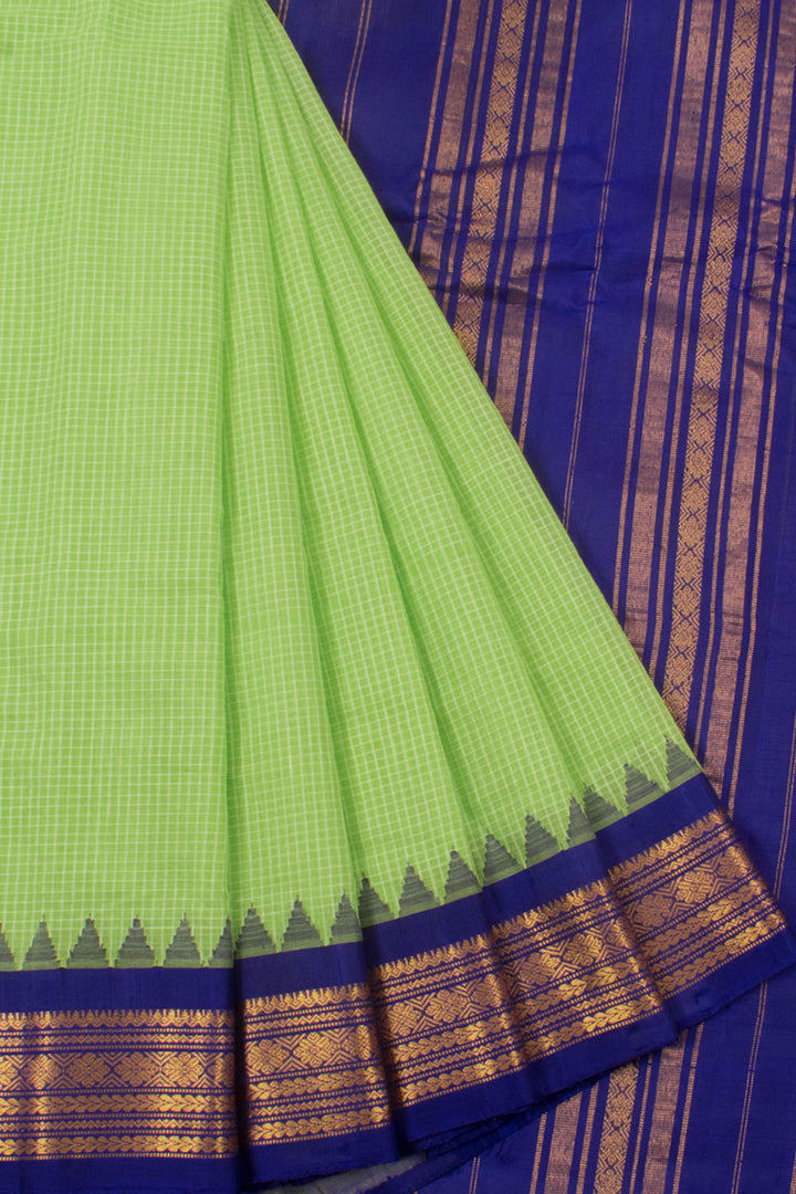 Handloom Gadwal Kuttu Cotton Saree with Checks Design, Temple Border and without Blouse