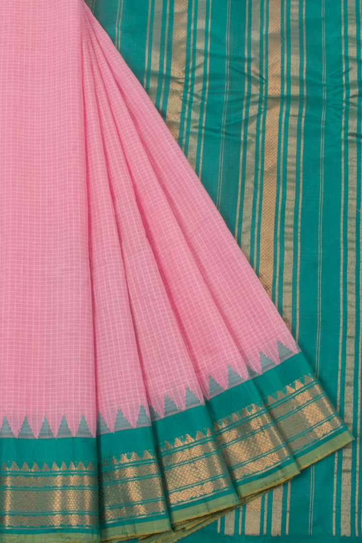 Handloom Gadwal Kuttu Cotton Saree with Checks Design, Temple Zari Border and without Blouse