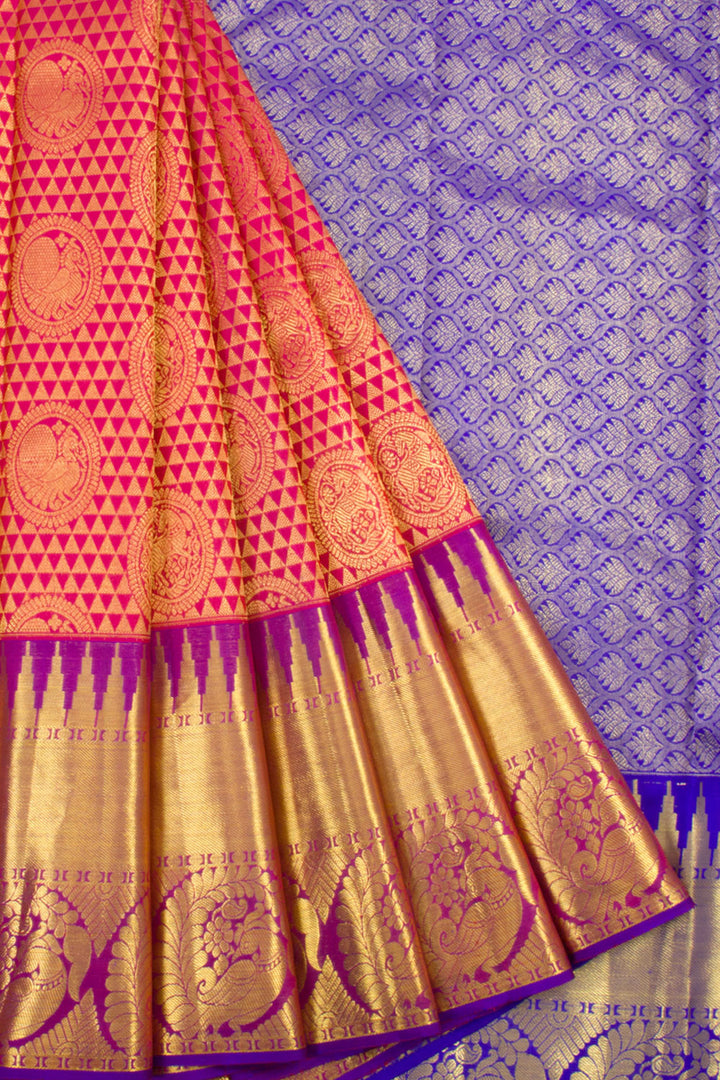 Handloom Jacquard Kanjivaram Silk Saree With Mayil Chakaram, Yazhi Motifs, Floral Border