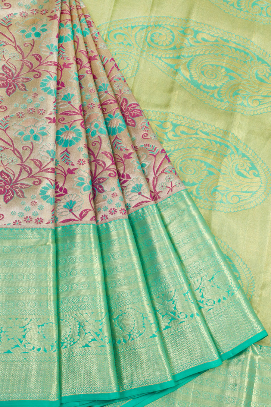 Handloom Pure Silk Tissue Zari Dharmavaram Saree With Floral Design, Floral Peacock Border