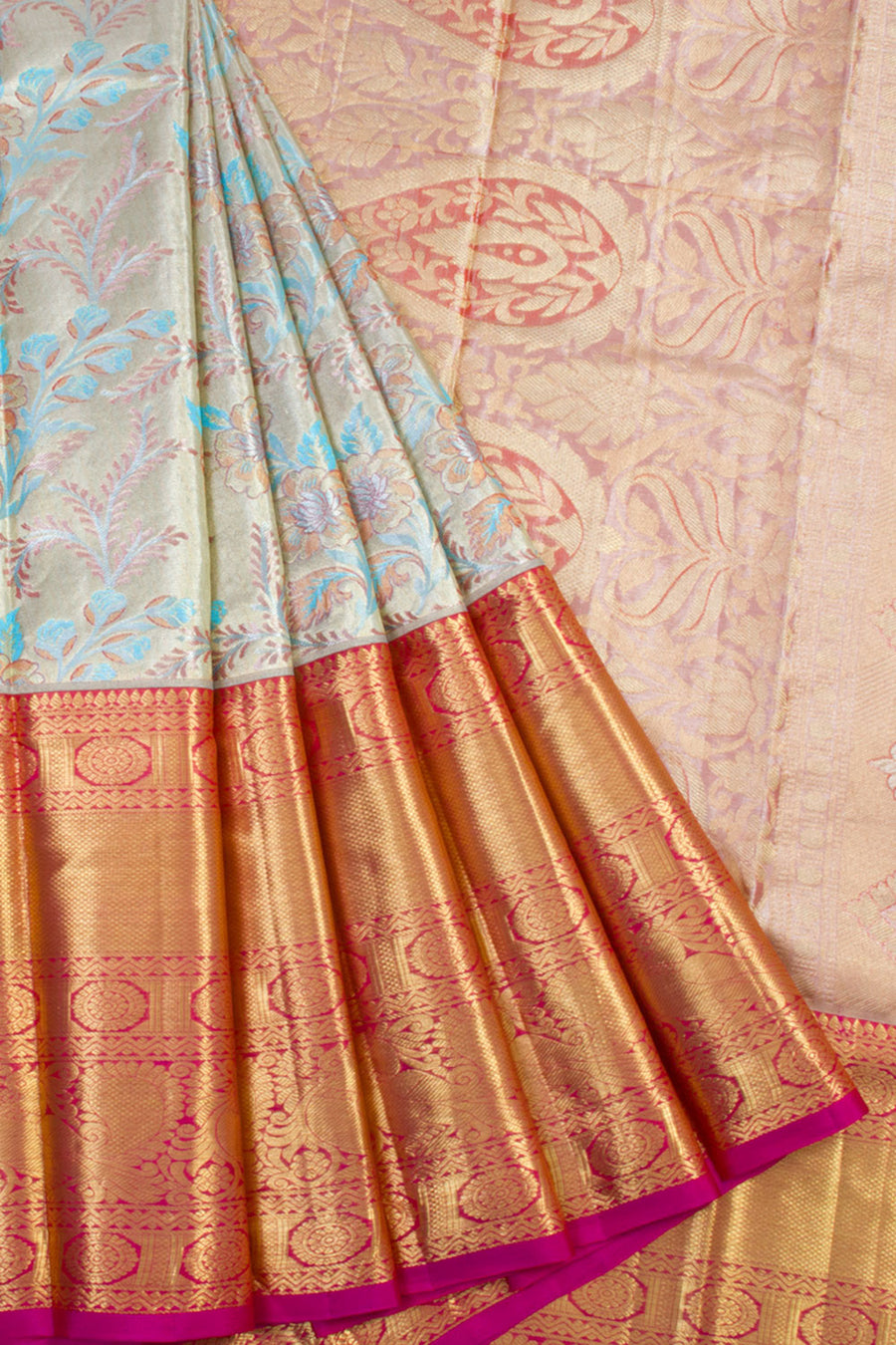 Handloom Pure Silk Tissue Zari Dharmavaram Saree With Floral Design, Peacock Border 
