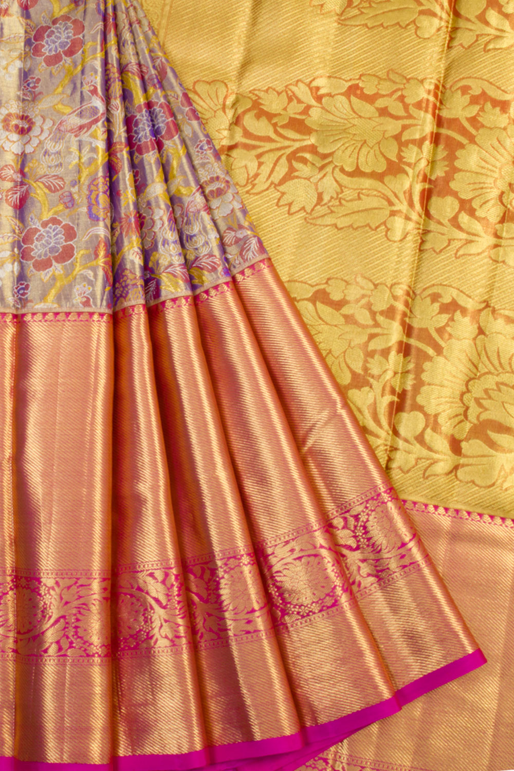 Handloom Pure Silk Tissue Zari Dharmavaram Saree With Floral Peacock Design