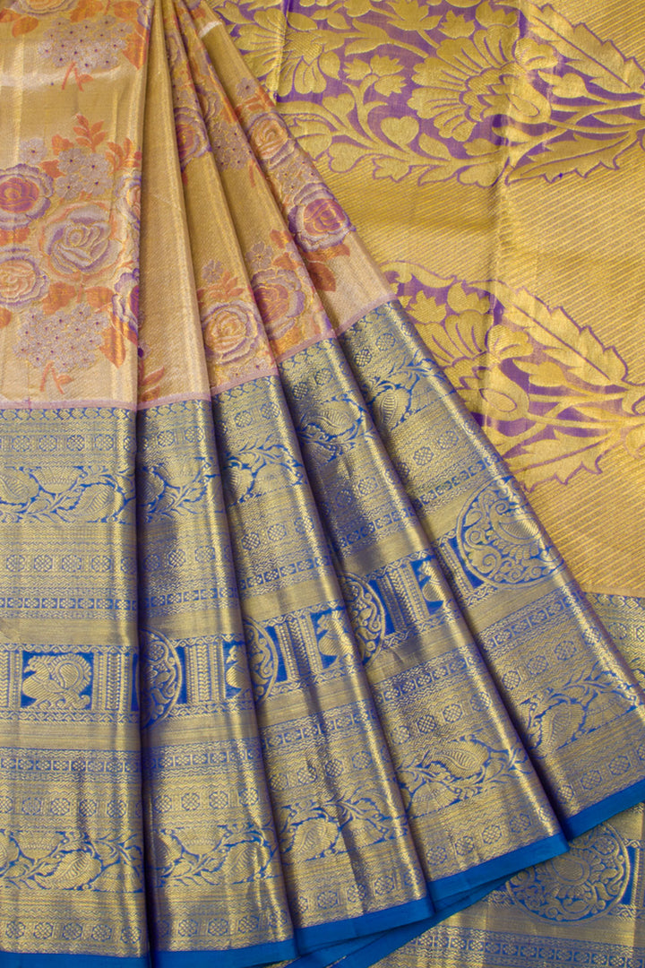 Handloom Pure Silk Tissue Zari Dharmavaram Saree With Floral Design, Peacock Kodimalar Border
