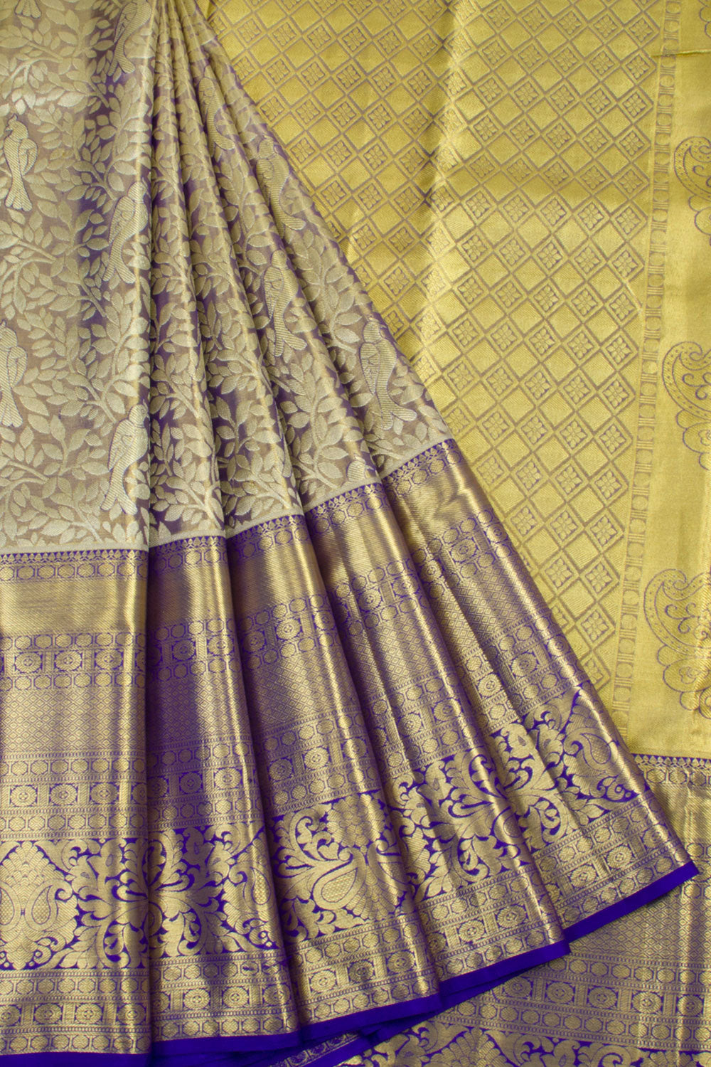Handloom Pure Silk Tissue Zari Dharmavaram Saree With Floral Bird Design, Floral Border