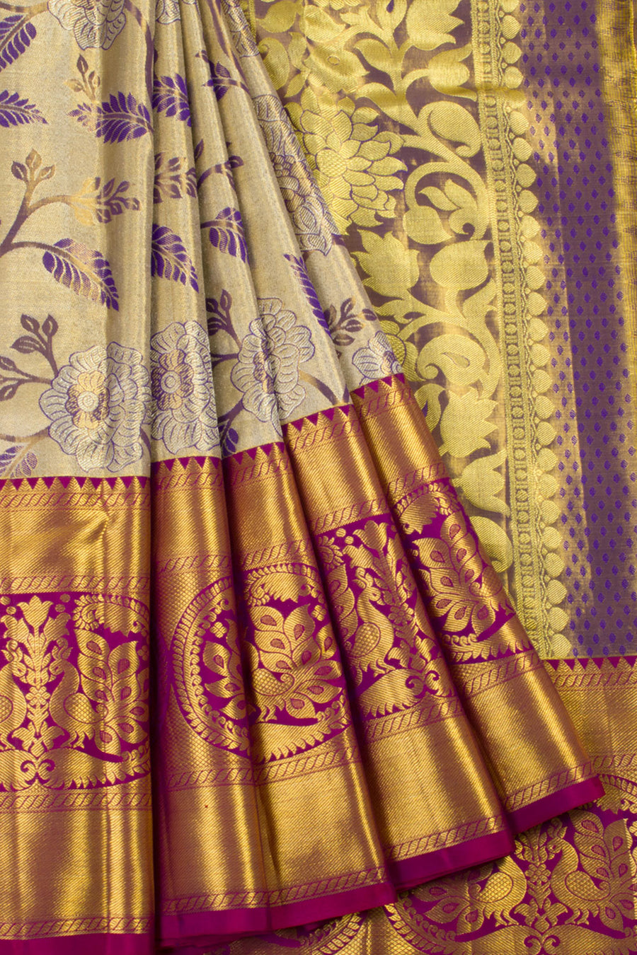 Handloom Pure Silk Tissue Zari Dharmavaram Saree With Floral Design And Peacock Border