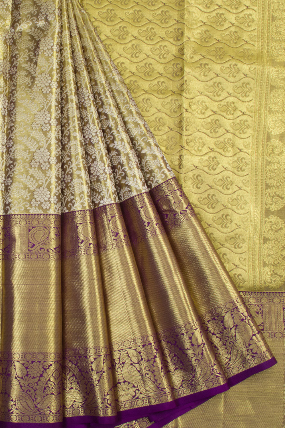 Handloom Pure Silk Tissue Zari Dharmavaram Saree With Floral Design, Floral Peacock Border