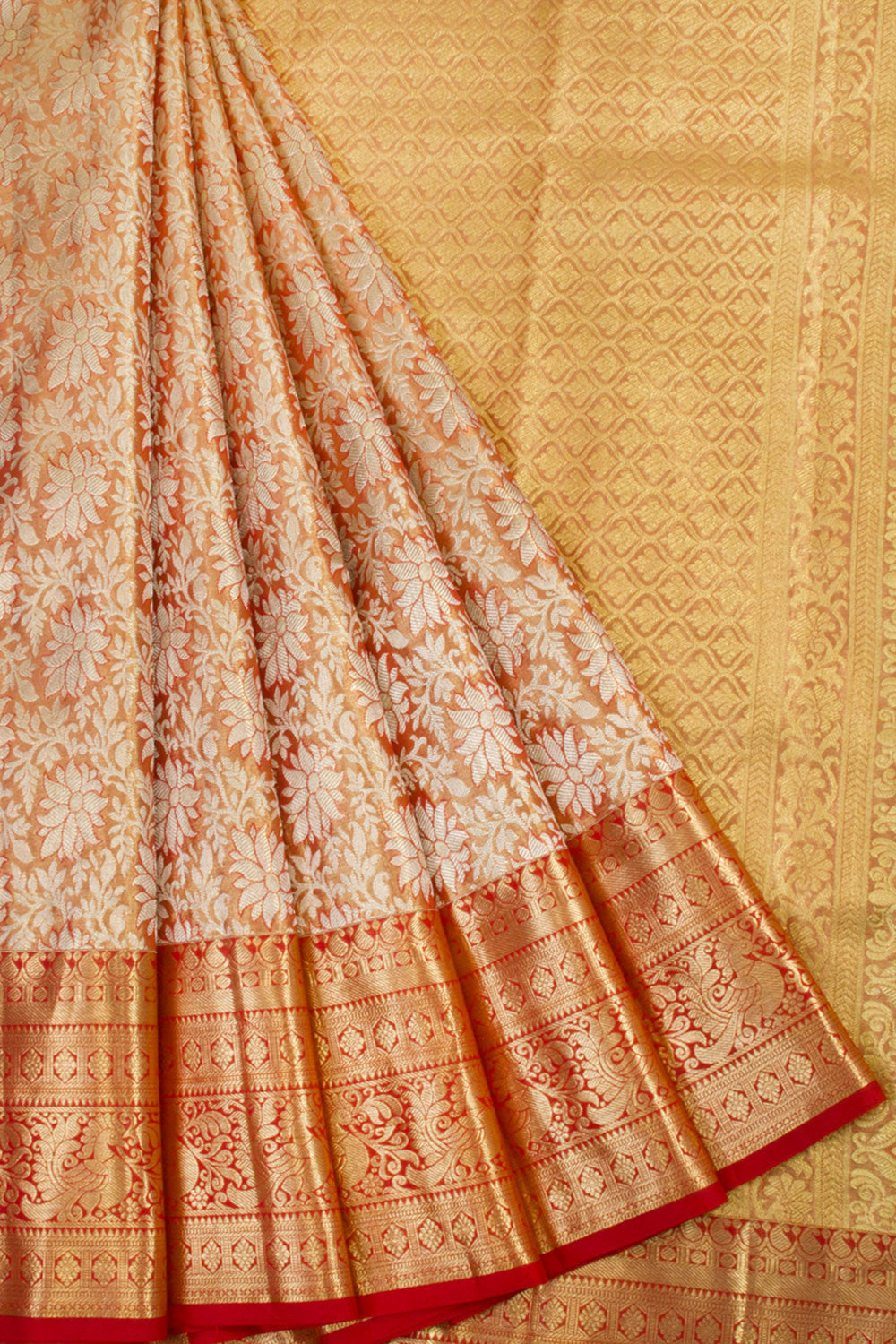 Handloom Pure Silk Tissue Zari Dharmavaram Saree With Floral Design, Peacock Border