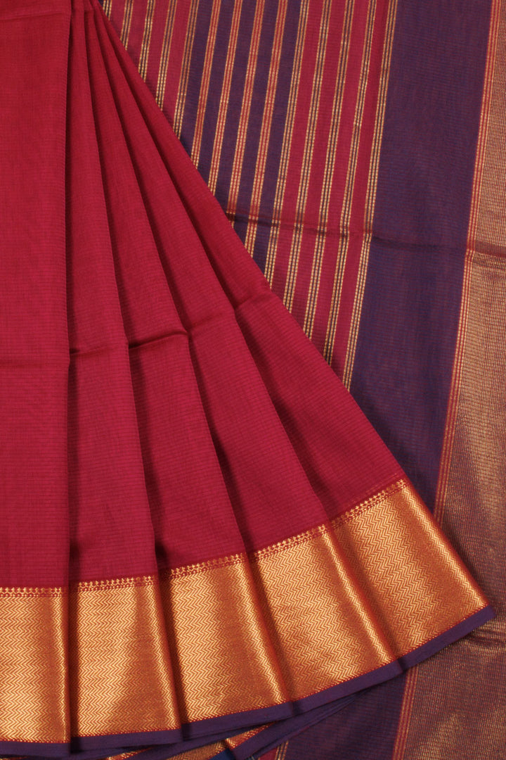 Magenta Maheshwari Silk Cotton Saree with Stripes Design, Bugdi Border and Zari Stripes Pallu 