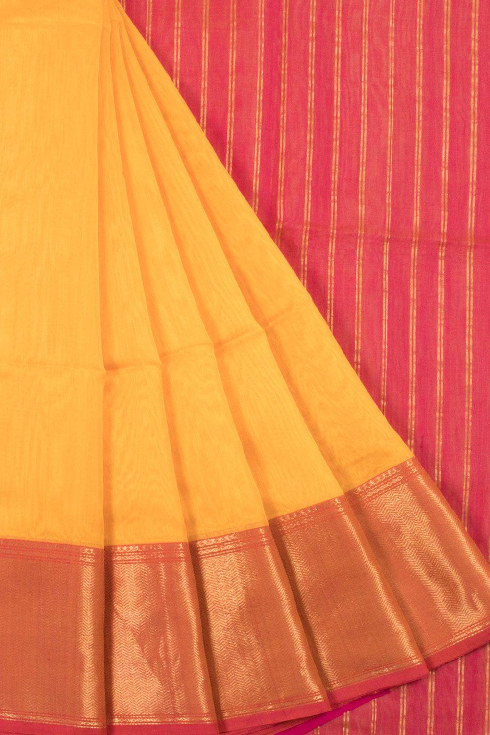 Amber Yellow Maheshwari Silk Cotton Saree with Bugdi Border and Zari Stripes Pallu