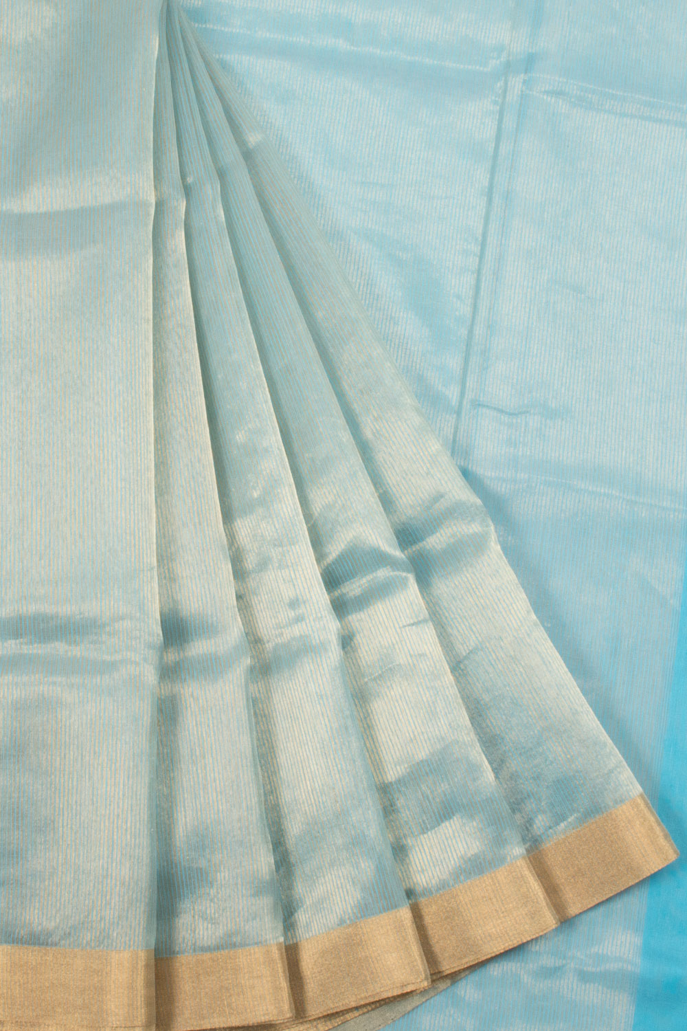Tiffany Blue Maheshwari Silk Cotton Tissue Saree with Stripes Design and Patta Border