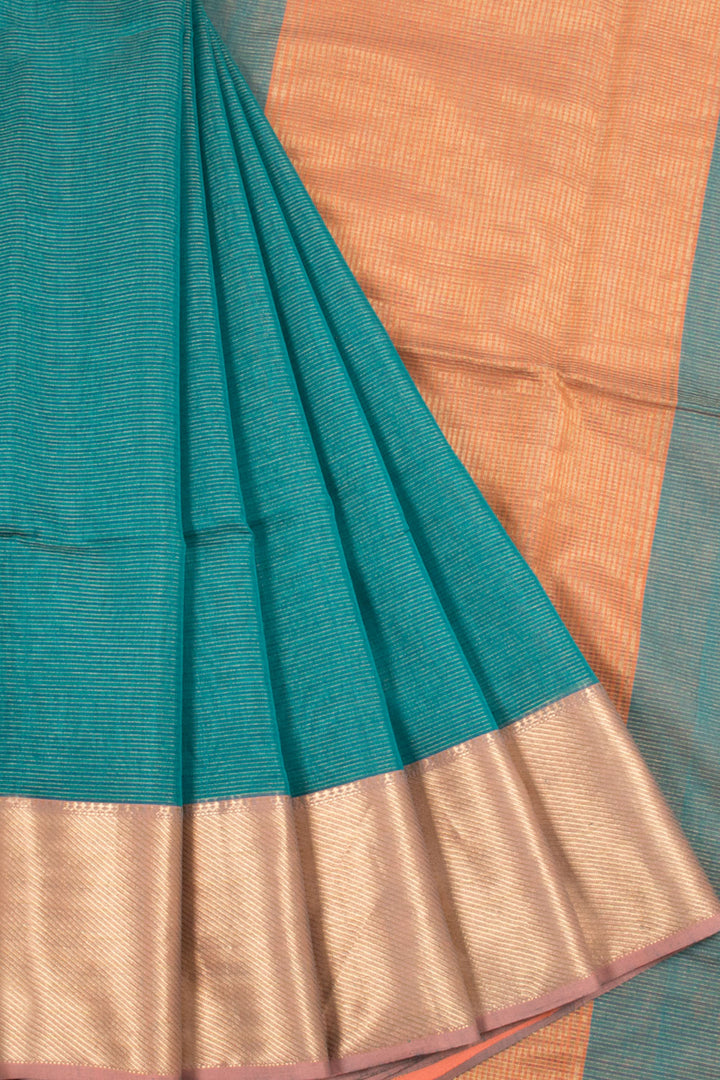 Teal green Maheshwari Silk Cotton Saree with Stripes Design, Diagonal Border and Checks Design Pallu